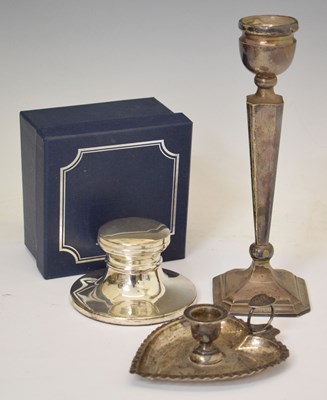 Lot 228 - Late Victorian silver chamber stick, a silver candlestick, and a silver mounted capstand inkwell