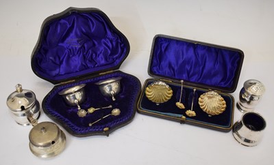 Lot 230 - Two cased silver table salt sets, and four silver condiments