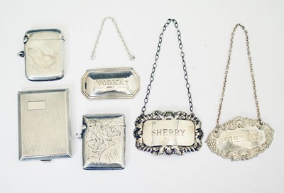Lot 248 - Three silver vesta cases and three silver decanter labels