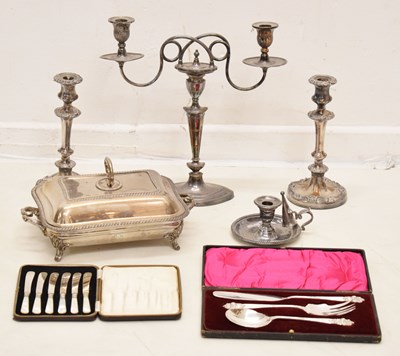 Lot 487 - 20th century silver plated candelabra, etc