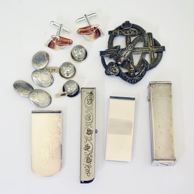 Lot 233 - Pair of silver and enamel Casa Julia International cufflinks, a Dunhill silver mounted lighter, etc