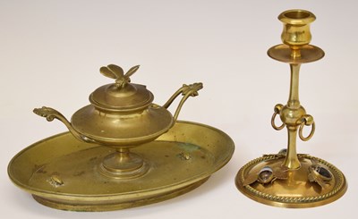 Lot 473 - Victorian brass and agate candlestick with insect decoration, plus inkwell