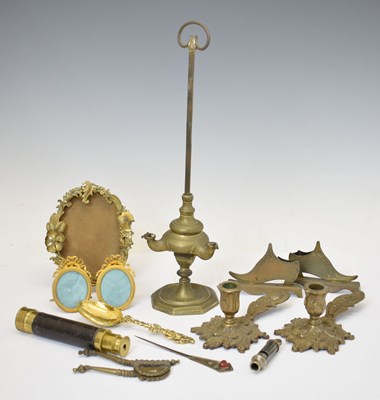 Lot 426 - Brass student lamp, leather-mounted brass telescope, etc