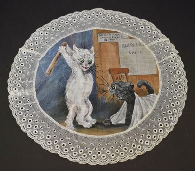 Lot 427 - After Louis Wain - Lace doily with painted centre of 'Hamlet Castle'