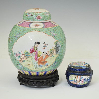 Lot 656 - Chinese Canton Famille Rose porcelain ginger jar and enamel pot