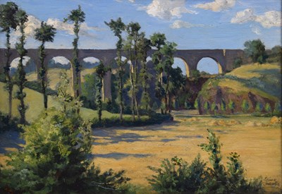 Lot 287 - Louise Jacobs, RA, (British, 1880-1946) - Oil on board - 'The Viaduct, Dinan'