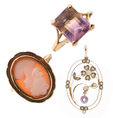 Lot 55 - Ametrine 9ct gold ring, etc