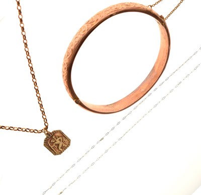 Lot 128 - 9ct rose gold foliate engraved snap bangle, Birmingham 1916, etc