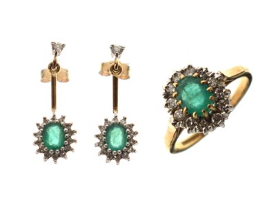 Lot 30 - Emerald and diamond cluster 9ct gold ring and matching drop earrings