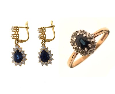 Lot 29 - Sapphire and diamond cluster 9ct gold ring and a pair of earrings