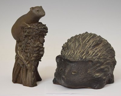 Lot 439 - Richard Fisher - Bronzed resin figure of a mouse on wheat, together with a hedgehog