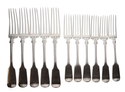 Lot 147 - Six silver side forks, and five table forks, London 1856 and 1858 692g approx
