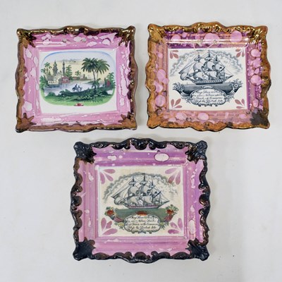 Lot 382 - Three various Sunderland puce lustre plaque plates