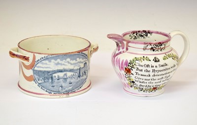 Lot 383 - Sunderland puce lustre jug and two handled pot