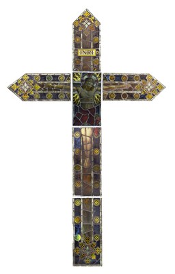 Lot 191 - Monumental Ecclesiastical stained and painted leaded glass six-panel Crucifixion window