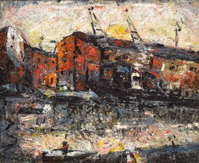 Lot 332 - Barrington Tabb (British, 1934-2022) - Oil on board - 'The Decay of Old Bristol Industrial Museum'