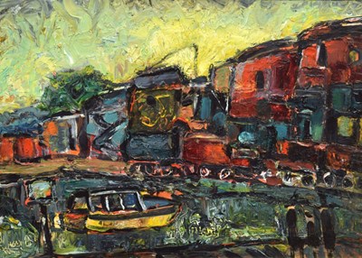 Lot 343 - Barrington Tabb (British, 1934-2022) - Oil on board - 'The Ferry Boat, off Watershed'