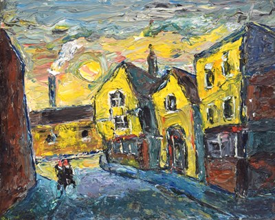 Lot 340 - Barrington Tabb (British, 1934-2022) - Oil on board - Moonlight on bottom of Christmas Steps