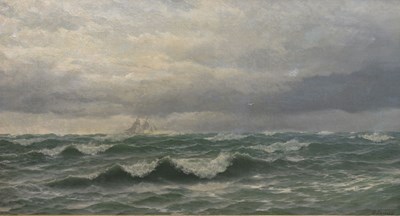 Lot 276 - David James (British, 1853-1904) - Oil on canvas - Three masted ship on rough sea