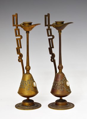 Lot 245 - Pair of Middle Eastern (probably Persian) brass, turquoise and shell cameo ewers