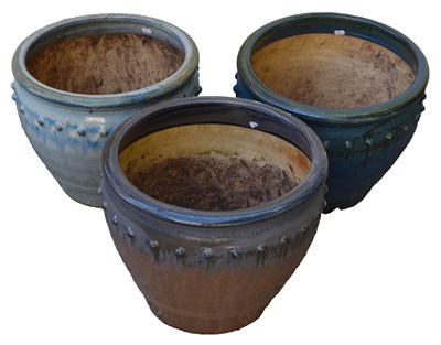 Lot 833 - Three large blue glazed garden planters