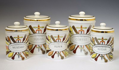 Lot 352 - Piero Fornasetti (Italian, 1913-1988) - Two large ceramic cylindrical storage jars, etc