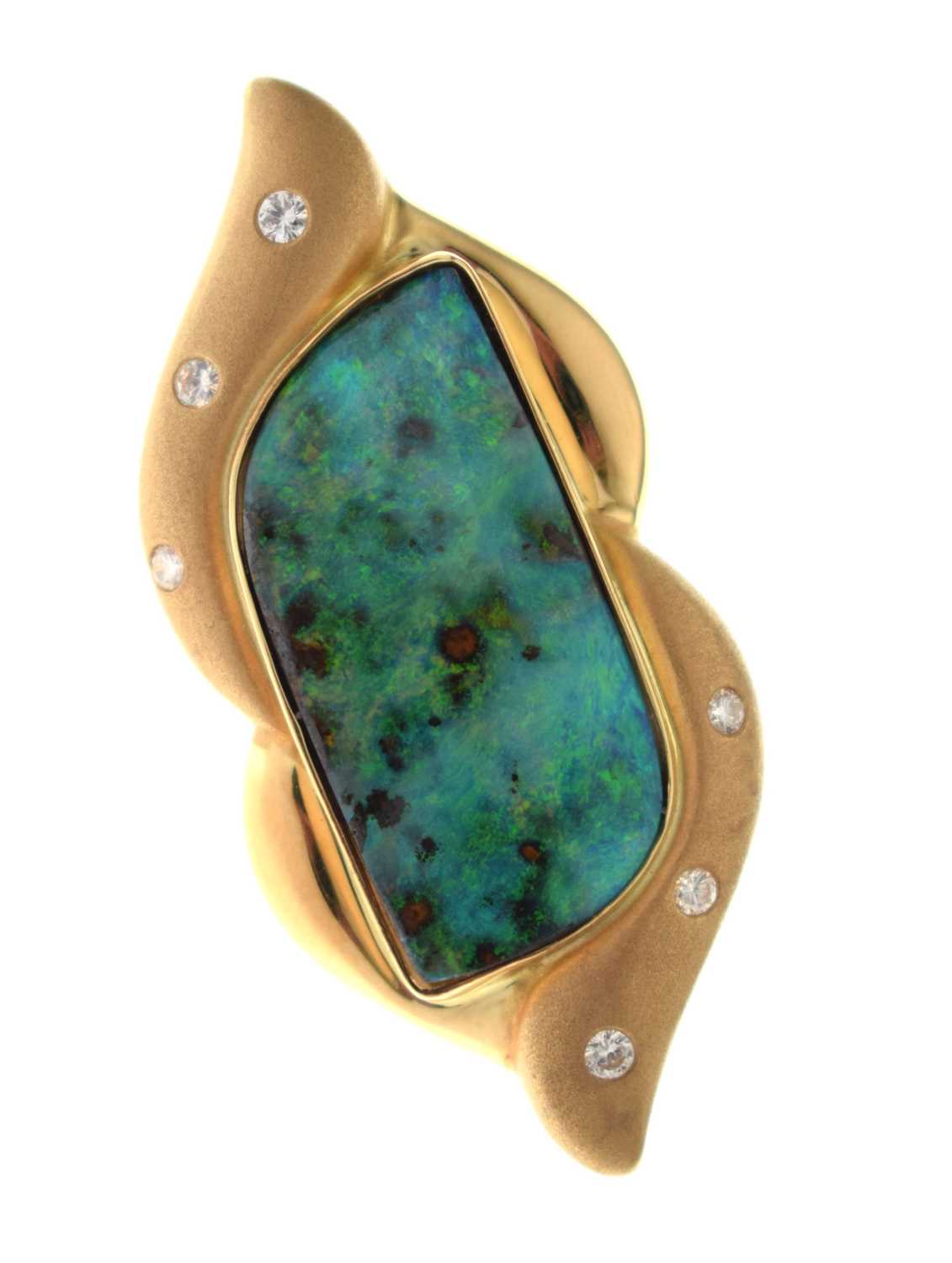 Lot 26 - Black boulder opal yellow metal brooch stamped 18K