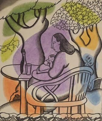 Lot 308 - Doris Brabham Hatt, ARWA (British, 1890-1969) - Mother and baby at a cafe