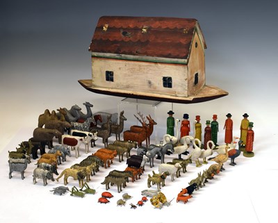 Lot 196 - Carved and painted pine Noah's Ark and contents