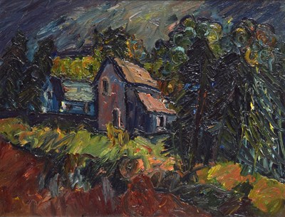 Lot 371 - Barrington Tabb (British, 1934-2022) - Oil on board - 'Back of Beyond Landscape, 1968'