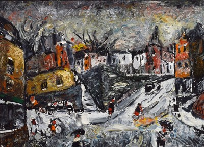 Lot 372 - Barrington Tabb (British, 1934-2022) - Oil on board - 'Winter, Colston Avenue, Bristol'