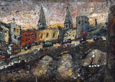 Lot 373 - Barrington Tabb (British, 1934-2022) - Oil on Board - 'Autumn Evening, Bristol Bridge'