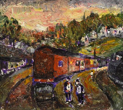 Lot 339 - Barrington Tabb (British, 1934-2022) - Oil on Board - 'Old Railway Carriages, Totterdown, Bristol'