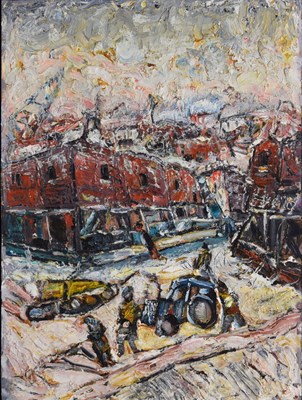 Lot 327 - Barrington Tabb (British, 1934-2022) - Oil on Board - 'Winter Demolition of Exhibition Centre'