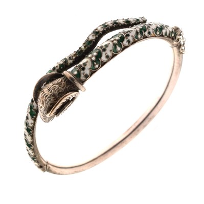 Lot 53 - Late 19th / early 20th century Etruscan style enamelled hinged white metal bangle