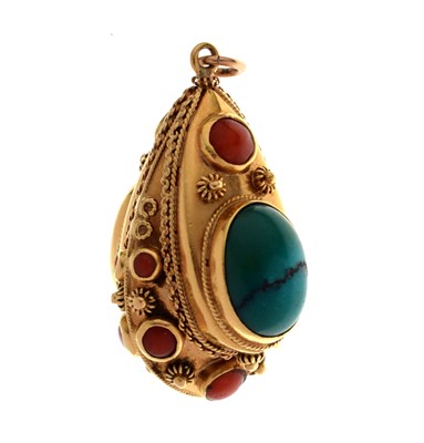 Lot 50 - Indian turquoise and coral yellow metal (750) pendant