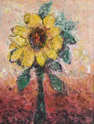 Lot 331 - Barrington Tabb (British, 1934-2022) - Oil on board - 'Sunflower in misty landscape'