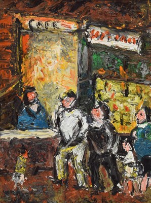 Lot 365 - Barrington Tabb (British, 1934-2022) - Oil on board and felt tip pen - 'Workman's Cafe'