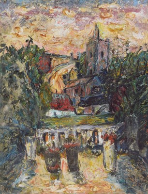 Lot 328 - Barrington Tabb (British, 1934-2022) - Oil on board - 'Summer evening looking from my patio Brislington'