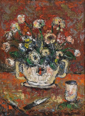 Lot 337 - Barrington Tabb (British, 1934-2022) - Oil on board - 'A vibrant growing still life'