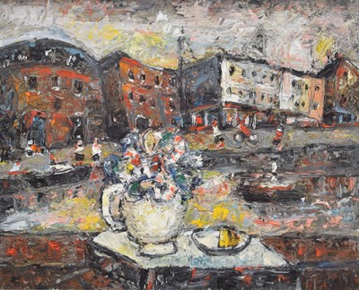 Lot 445 - Barrington Tabb (British, 1934-2022) - Oil on board - 'A Vibrant Still Life Taken from Watershed Café, Bristol'