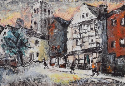 Lot 322 - Barrington Tabb (British, 1934-2022) - Mixed media - 'Shakespeare Inn and Temple Church Bristol'