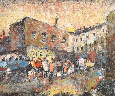 Lot 329 - Barrington Tabb (British, 1934-2022) - Oil on board - 'People and Traffic, Bath Bus Station'