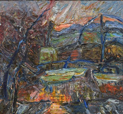 Lot 329 - Barrington Tabb (British, 1934-2022) - Oil on board - 'Evening winter scene over Brisol City Docks'