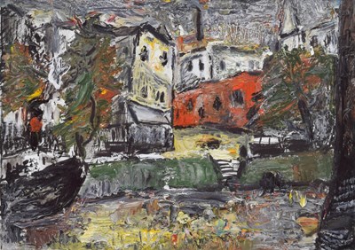 Lot 367 - Barrington Tabb (British, 1934-2022) - Mixed media - 'Old Houses by Bristol Bridge'