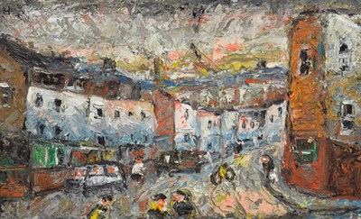 Lot 359 - Barrington Tabb (British, 1934-2022) - Oil on board - Evening glow old houses