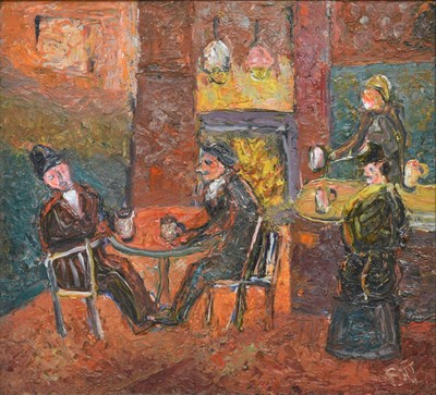 Lot 323 - Barrington Tabb (British, 1934-2022) - Oil on board - 'Naval Volunteer, Pub Interior'