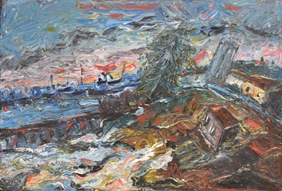 Lot 357 - Barrington Tabb (British, 1934-2022) - Oil on board - 'Stormy sky and sea over Clevedon Bay'