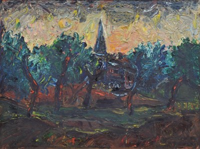 Lot 335 - Barrington Tabb (British, 1934-2022) - Oil on board - 'Church, Brockley Combe'