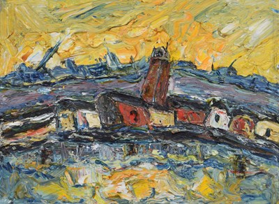 Lot 327 - Barrington Tabb (British, 1934-2022) - Oil on board- 'Evening light over Totterdown Bristol'